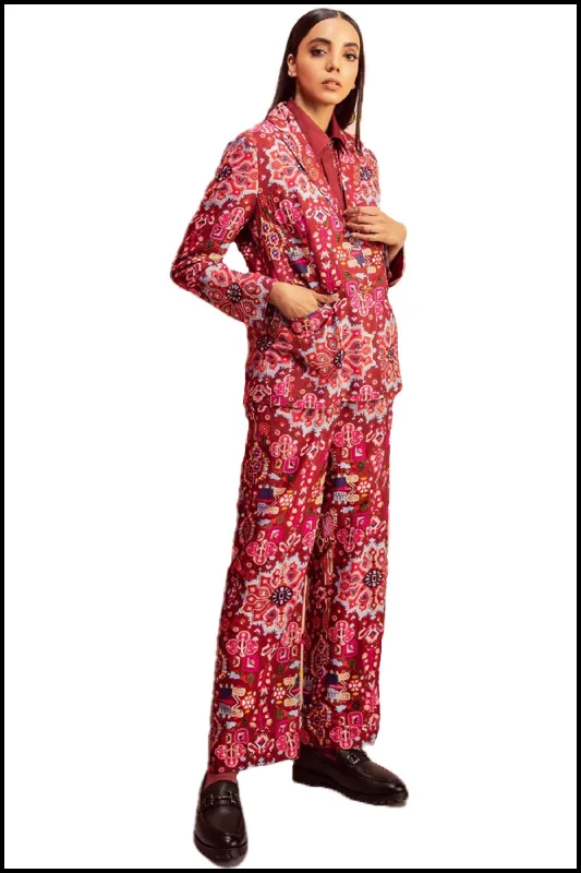 Kashan Red Print Hand Embroidered Classic Blazer & Pants in Handloom Organic Cotton Silk Set Modern Skinny Pants