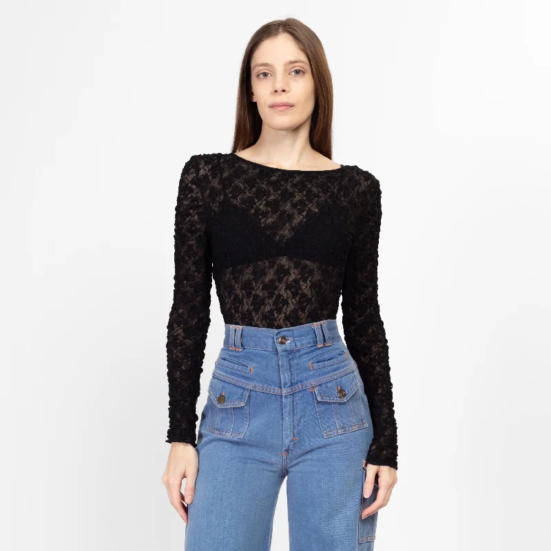 Small Y2K Sheer Black Popcorn Lace Low Back Bodysuit Fashionable Bodysuit with Snaps