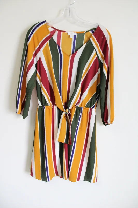 Charming Charlie Green Yellow Front Tie Striped Dress | M Off-the-shoulder Chic Trendy