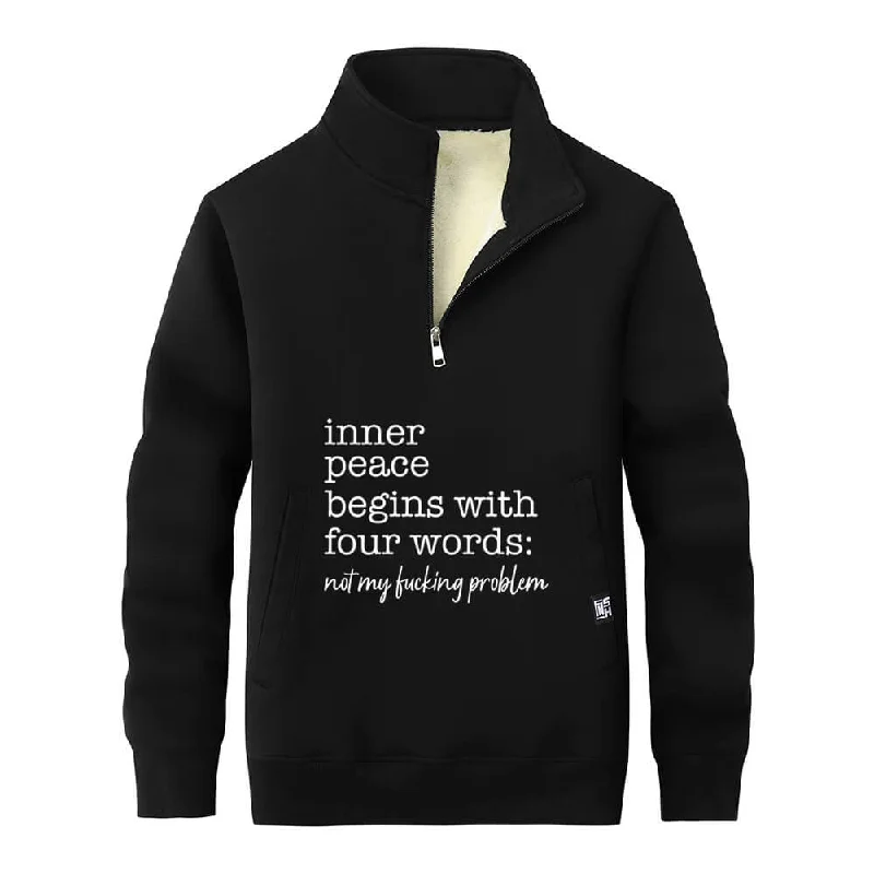 Multicolor Inner Peace Begins Stand Collar Zip Fleece Sweatshirt Zip Hoodie Drawstring Kangaroo Pocket