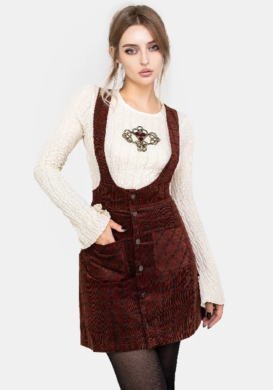Terracotta Check Cord Mini Pinafore Skirt zip skirt side