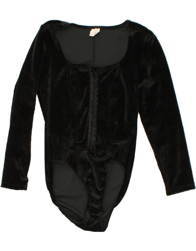VINTAGE Womens Velour Bodysuit UK 16 Large  Black Polyester Trendy High-Leg Bodysuit
