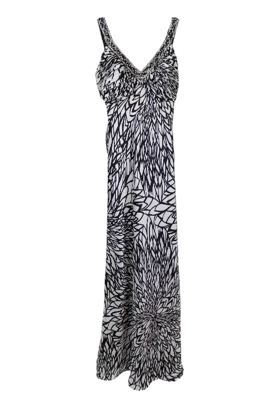 Morgan & Co. Satin Black White Beaded Formal Dress | 3/4 Tunics Long Elegant