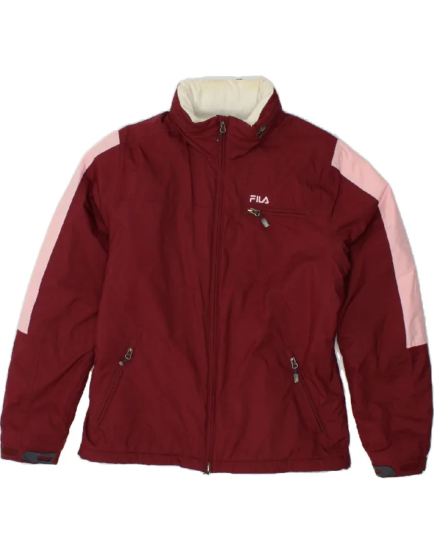 FILA Womens Windbreaker Jacket UK 16 Large Maroon Colourblock Polyester Faux Fur Jacket Real Fur Jacket Shearling Jacket
