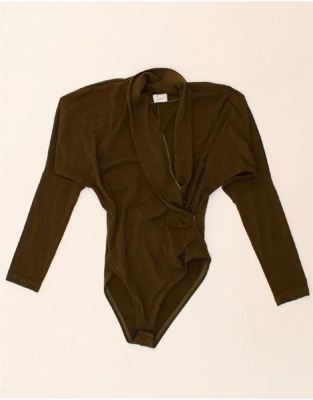 VINTAGE Womens Long Sleeve Bodysuit UK 14 Large Khaki Fashionable Bodysuit with Button Detail