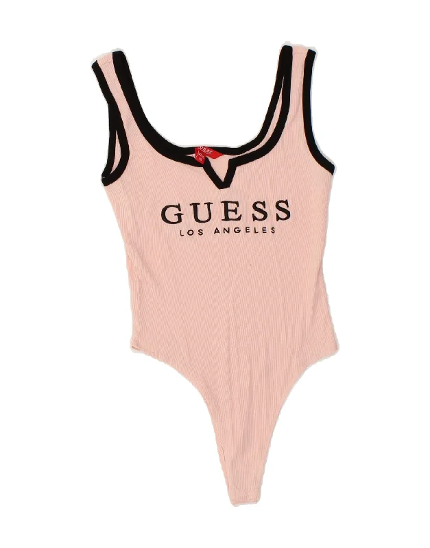 GUESS Womens Los Angeles Graphic Sleeveless Bodysuit UK 4 XS Pink Trendy Lace-Up Bodysuit