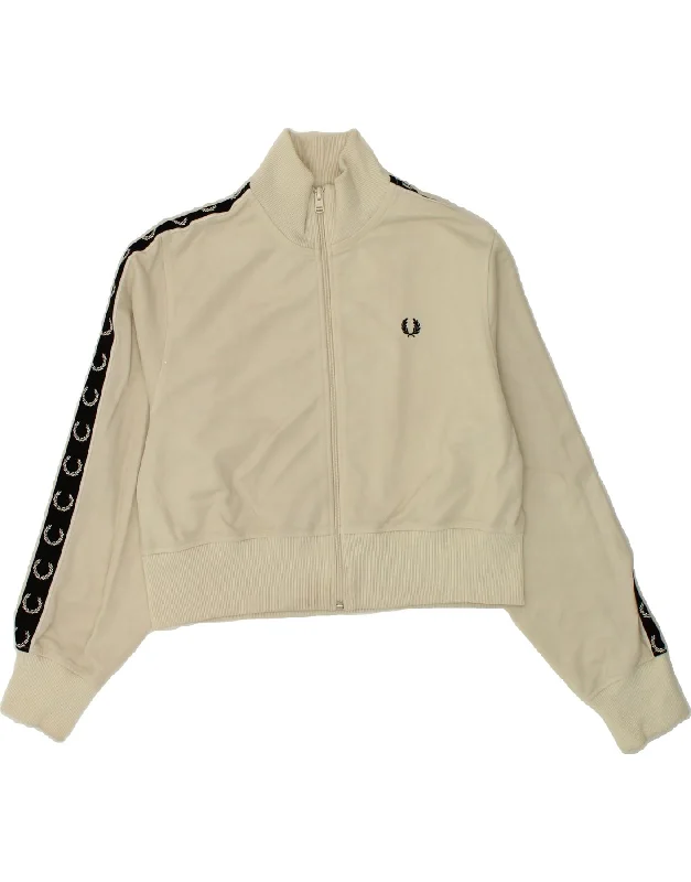FRED PERRY Womens Graphic Tracksuit Top Jacket UK 14 Medium Off White Boat Neck Shawl Collar Notched Collar
