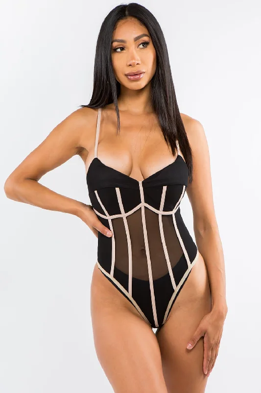 Stripe Mesh Panel Tank Bodysuit halter tank top