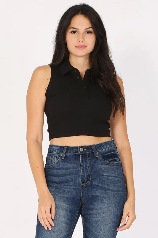 Variegated Rib Sleeveless Crop Polo Tank Top lime green tank