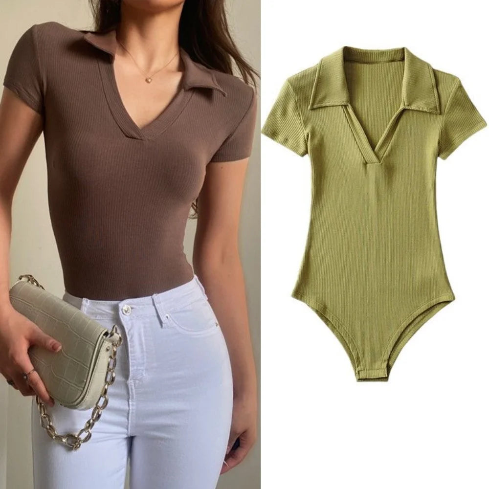 Spring Summer Slim Fit Sexy V-neck Jumpsuit  Basic Top Casual Hotsweet Undershirt Women Bodysuit Lingerie Sleepwear Short Sleeve Elegant Back Zip Bodysuit