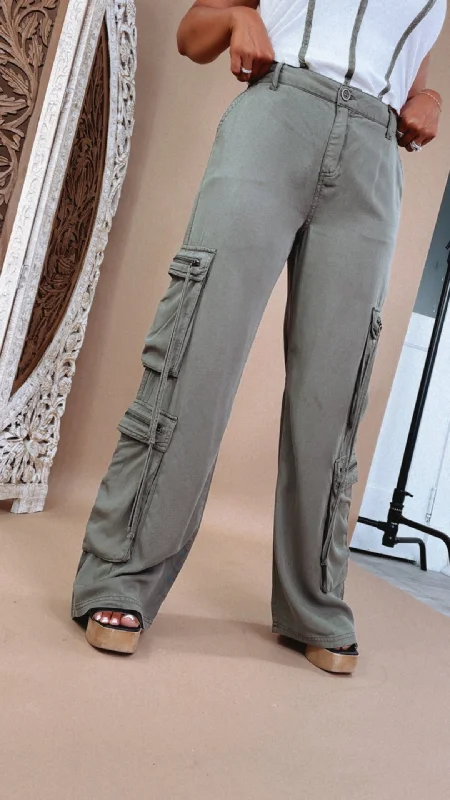 Olive High Rise Cargo Pants, Risen Comfy Athletic Pants