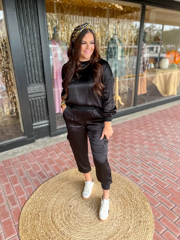 Satin Lover Cargo Jogger Pants-Black Comfy Athletic Pants