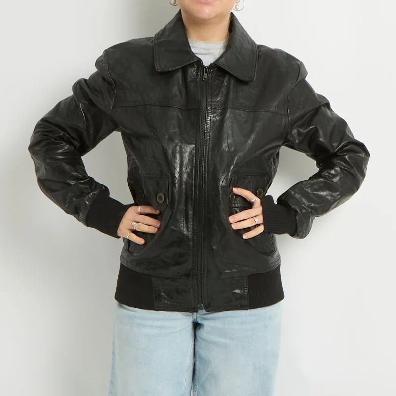 Leather Zip Up Jacket - UK 12 Insulated Jacket Fitted Jacket Loose Jacket