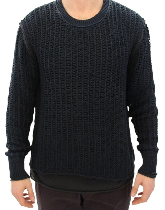 Elegant Blue And Black Layered Sweater Boat Neck Shawl Collar Notched Collar