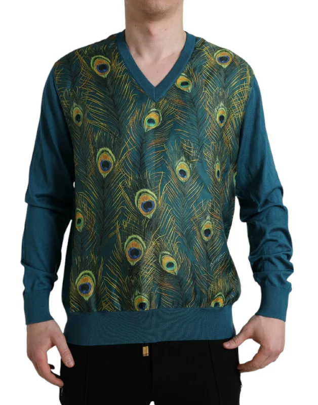 Silk V-neck Peacock Feather Sweater Sweater Knitwear Pullover