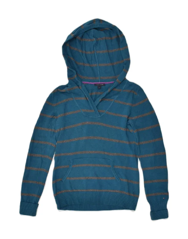 TOMMY HILFIGER Womens Hooded V-Neck Jumper Sweater UK 10 Small Blue Soft Cozy Warm