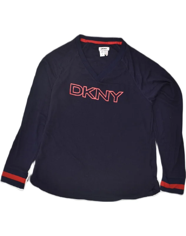 DKNY Womens Graphic V-Neck Jumper Sweater UK 14 Medium Navy Blue Transparent Opaque Sheer