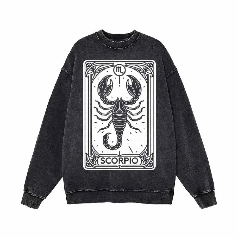 Scorpio Tarot Card Horoscope Vintage Washed Sweatshirt Hoodie with Patch Decorative Personalized