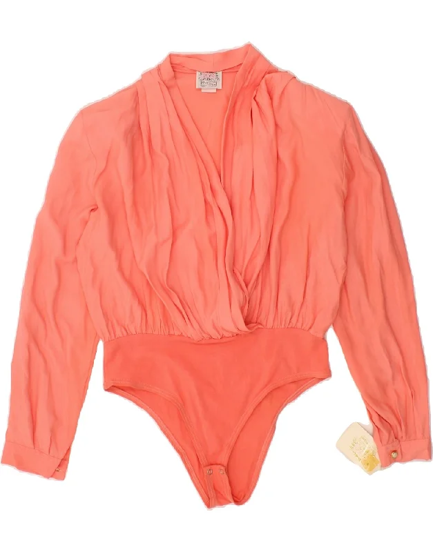 VINTAGE Womens Bodysuit UK 14 Medium Orange Viscose Elegant Bodysuit with Floral Embroidery