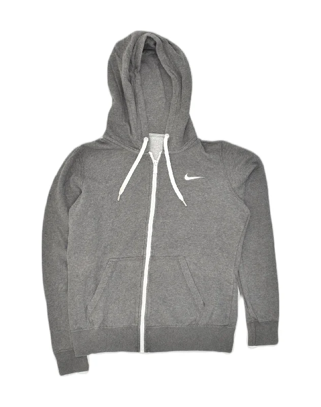 NIKE Womens Zip Hoodie Sweater UK 14 Medium Grey Cotton Print Jacquard Patchwork