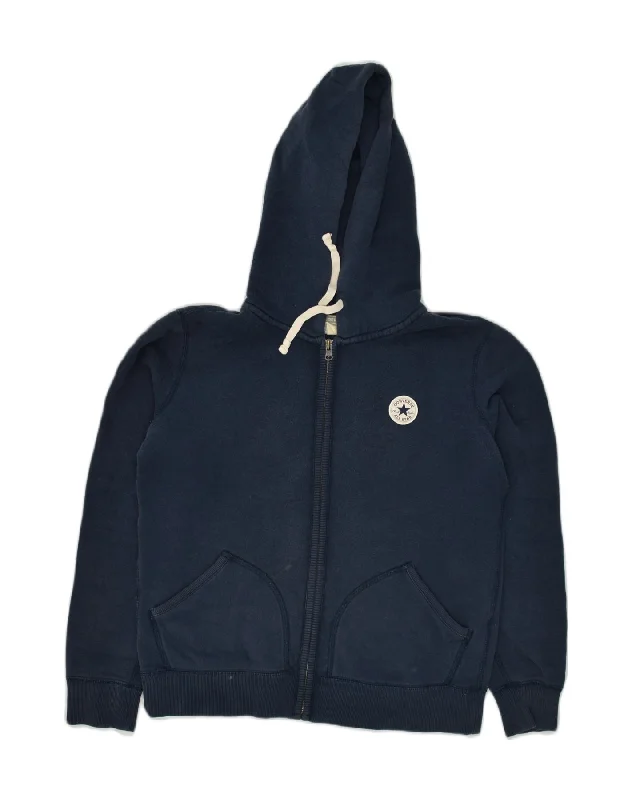 CONVERSE Womens Zip Hoodie Sweater UK 12 Medium Navy Blue Cotton Terry Blend Velvet Blend Canvas Blend