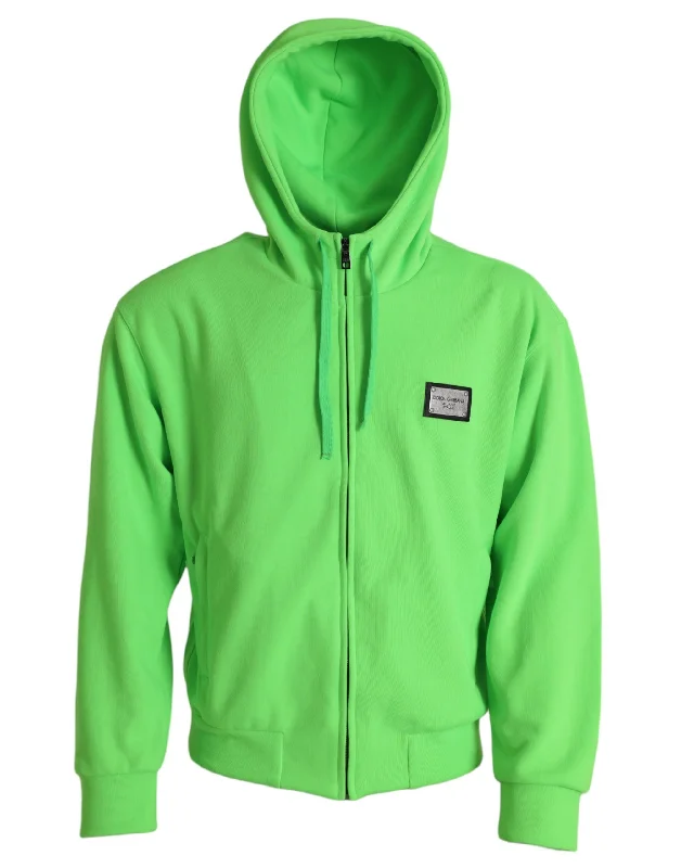 Neon Green Hooded Full Zip Top Sweater Cashmere Blend Cotton Blend Poly Blend