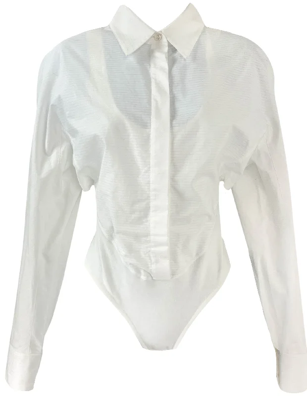 Alaïa Striped Openwork Poplin Bodysuit in White Comfortable Printed Bodysuit