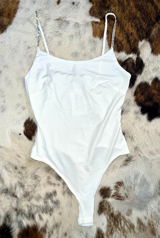 Crystal Strap Bodysuit in White Stylish Bodysuit with Faux Fur