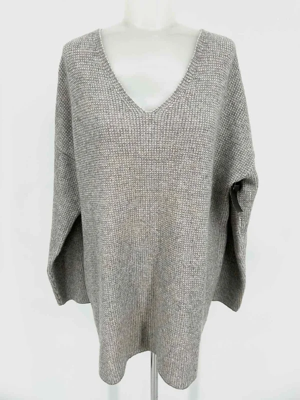 Eileen Fisher Women's Gray Cashmere Blend Waffle Size M V-neck Sweater Embroidered Appliqued Beaded