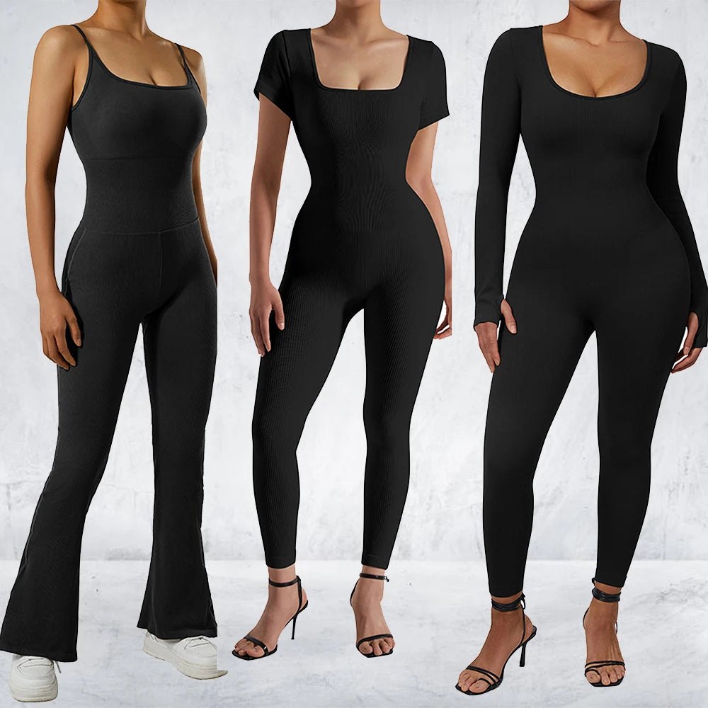 Women's  Ribbed One Piece Jumpsuits Outfits Bodycon Bodysuit Sexy Rompers Short Sleeve Exercise Yoga Jumpsuit Sportswear Mujer Comfortable Bodysuit with Deep V