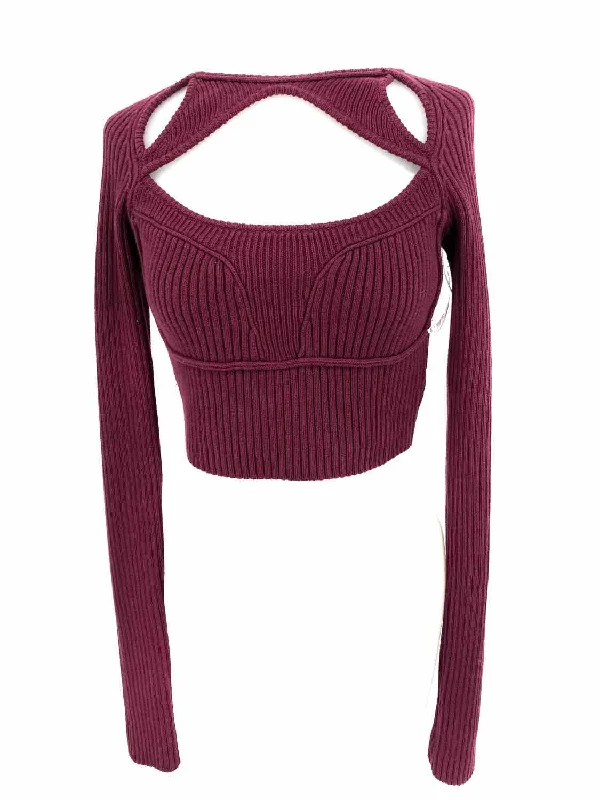 Guizio Women's Burgundy Crop Knit Cotton Cut Out Size S Sweater Slim Fit Regular Fit Oversized