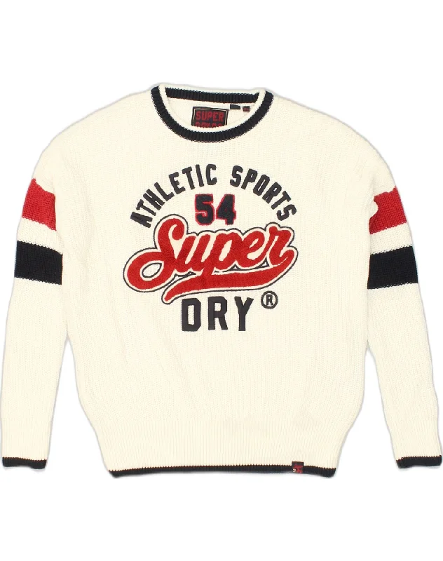 SUPERDRY Womens Graphic Crew Neck Jumper Sweater UK 10 Small White Cotton Herringbone Houndstooth Plaid