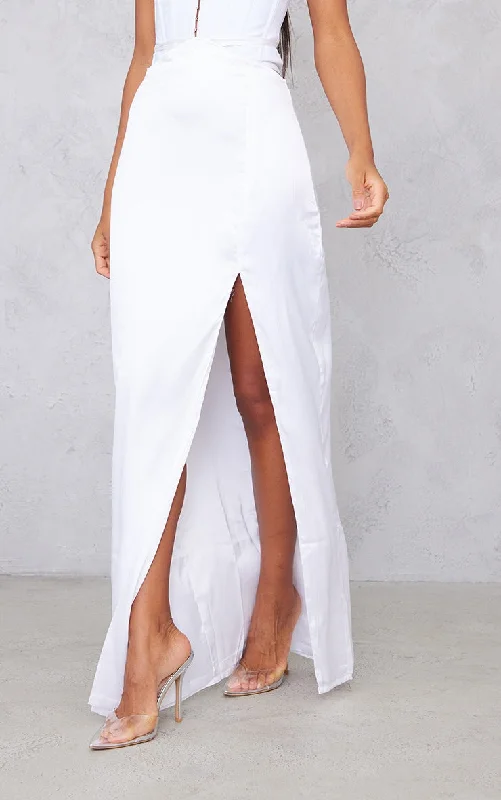 Ivory Satin Tie Waist Detail Thigh Split Midaxi Skirt silk skirt luxurious