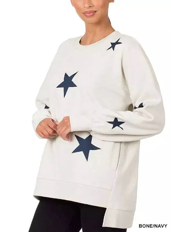 Star Print Hi-Low Sweatshirt In Bone/navy Hoodie with Drawcord Adjustable Secure