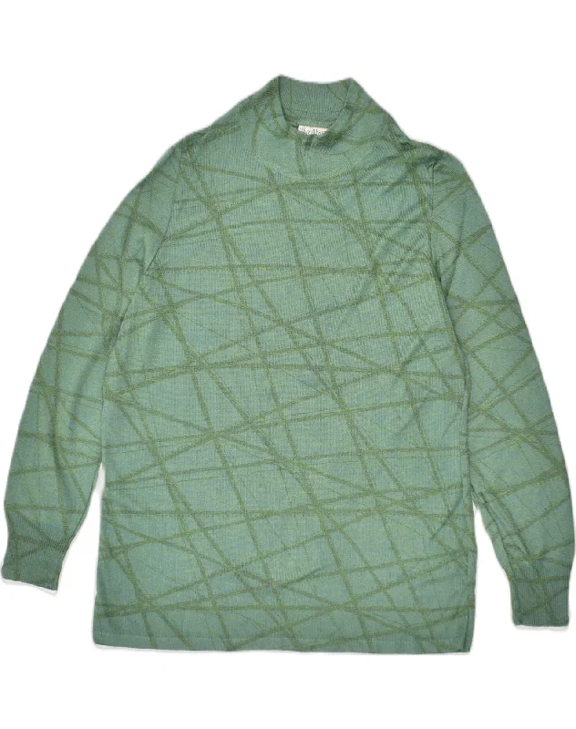 VINTAGE Womens Turtle Neck Jumper Sweater UK 12 Medium Green Geometric Fitted Loose Oversized