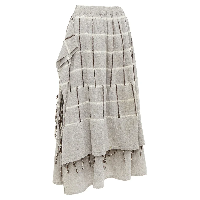 Issey Miyake checked fringe trim layered skirt high slit skirt