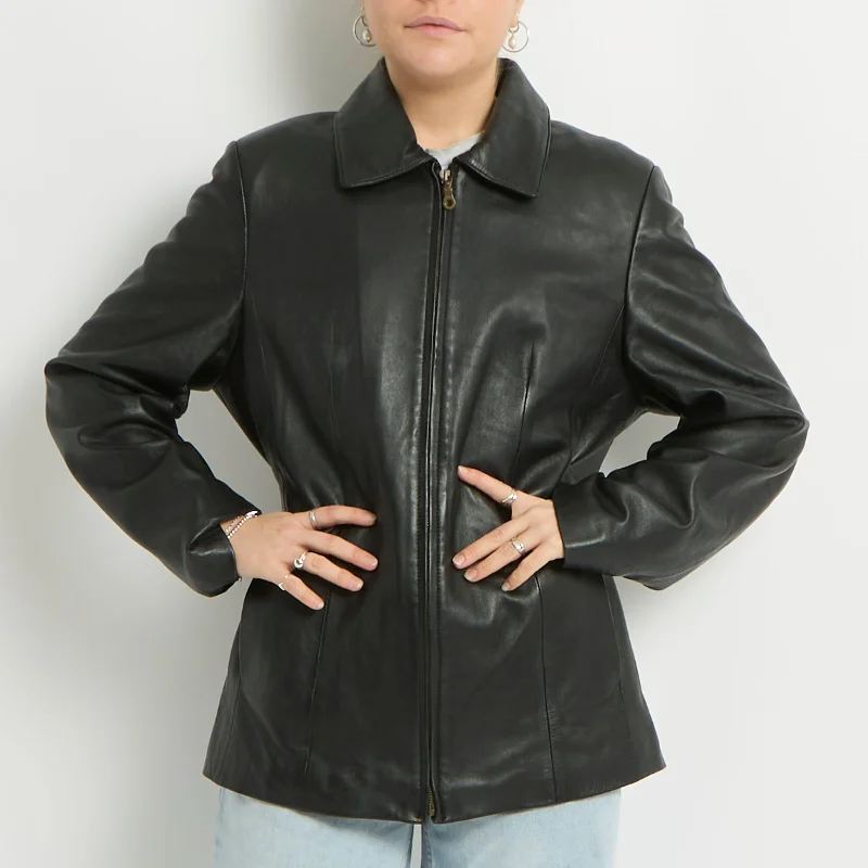 Zip Up Faux Leather Blazer Jacket - UK 12 Zippered Front Buttoned Front Snap Front