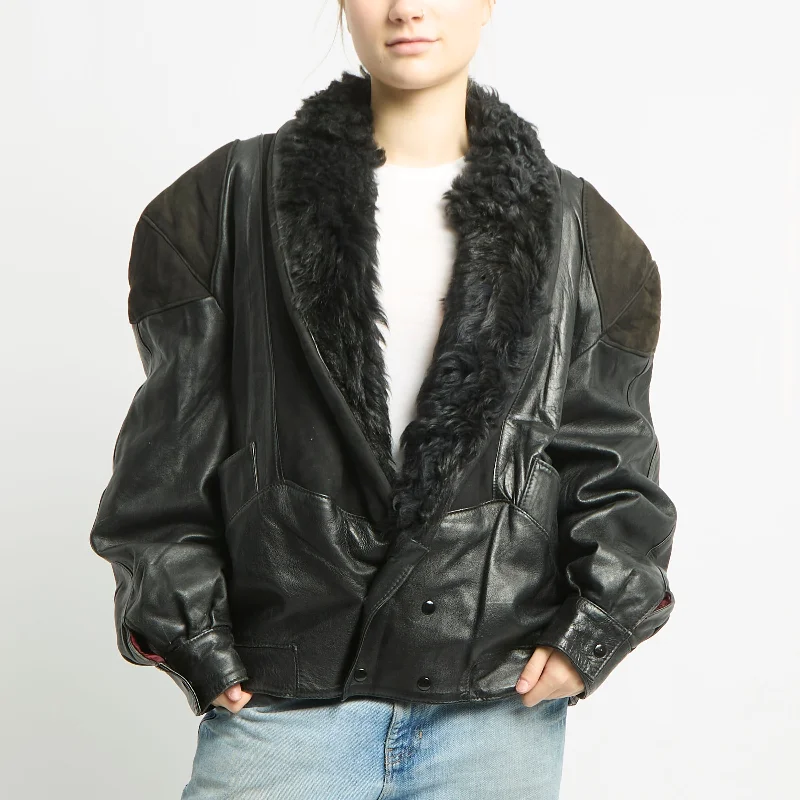 Fur Collared Leather Blazer Jacket - XL Rayon Fabric Velvet Fabric Corduroy Fabric