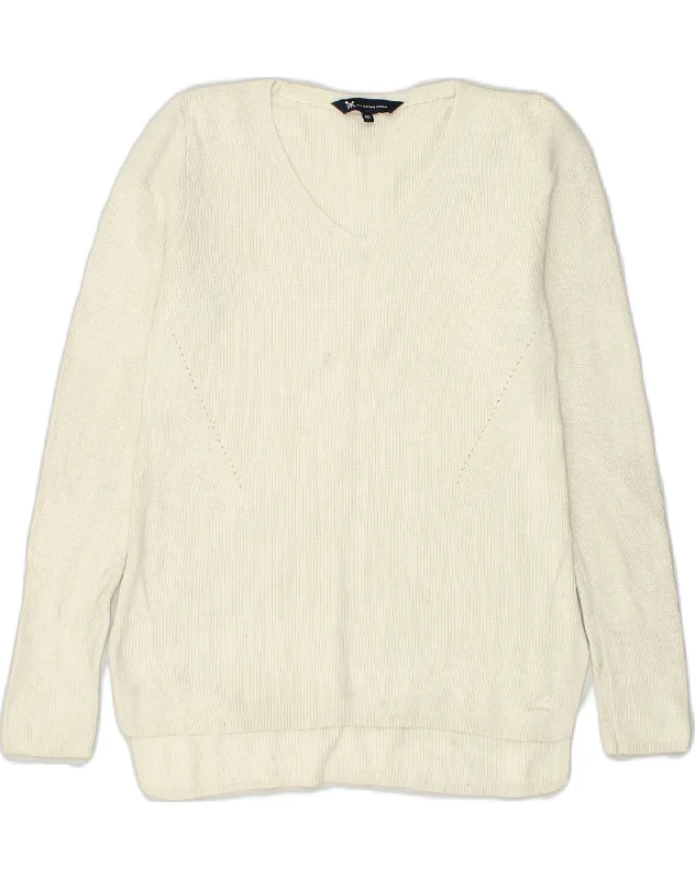 CREW CLOTHING Womens V-Neck Jumper Sweater UK 10 Small Off White Cotton Handmade Hand-knitted Hand-woven