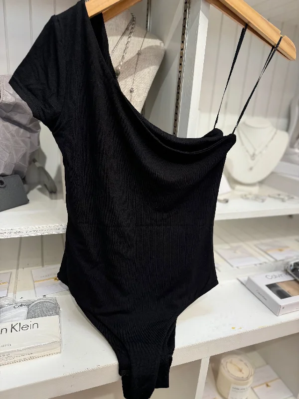 Women's Mono B | One Shoulder Short Sleeve Bodysuit | Black Elegant Bodysuit with Pleated Detail
