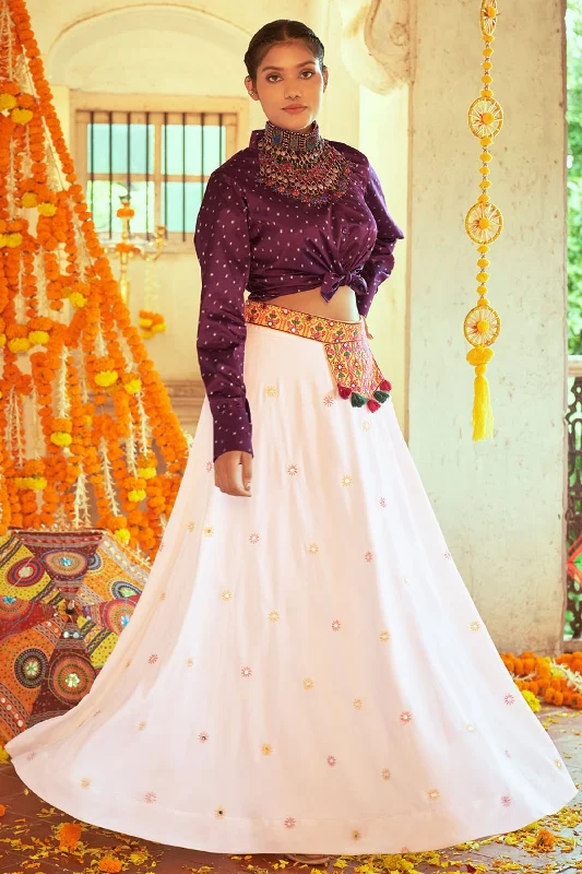 White Color Fantastic Cotton Fabric Navratri Special Top Skirt Set wool skirt warm