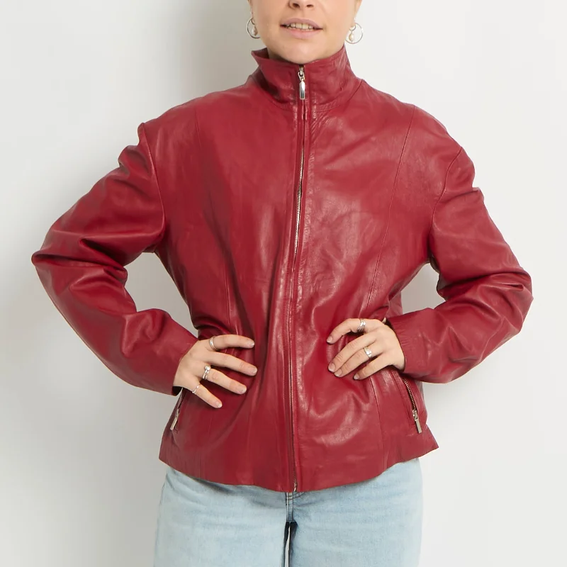Leather Zip Up Jacket - UK 12 Welt Pockets Slit Pockets Flap Pockets