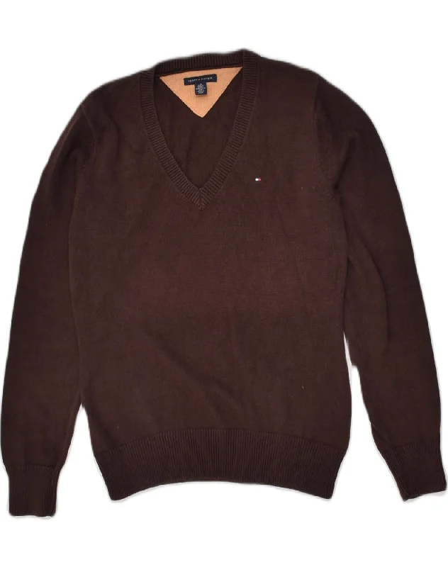 TOMMY HILFIGER Womens V-Neck Jumper Sweater UK 14 Large Brown Cotton Iron Safe Non-Iron Wrinkle Free