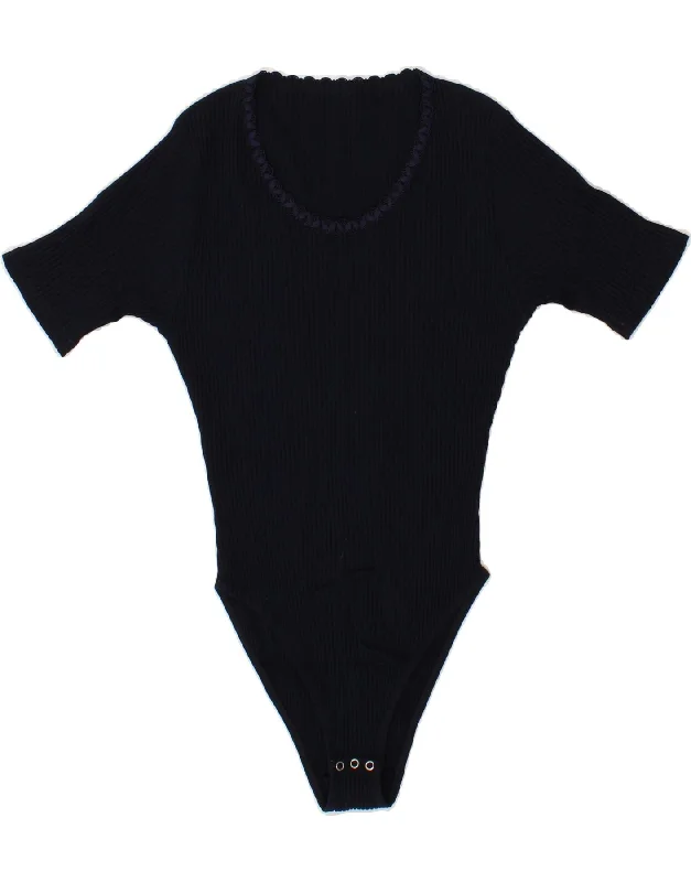 VINTAGE Womens Bodysuit UK 14 Large Navy Blue Cotton Stylish One-Shoulder Bodysuit