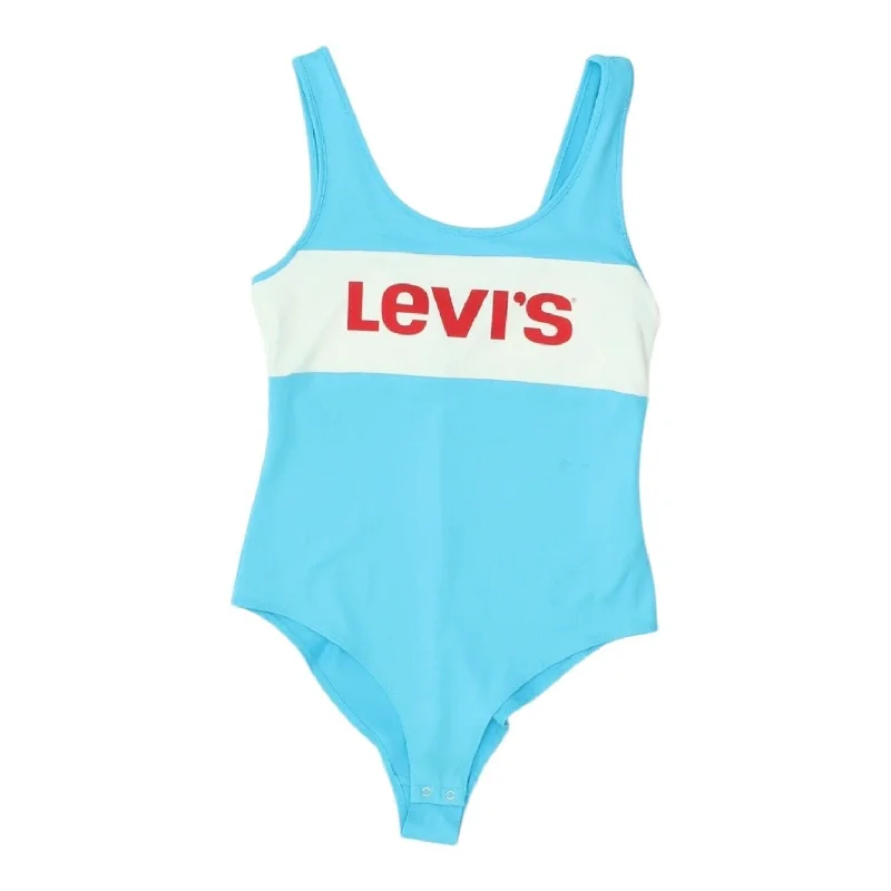 Levi's Womens Blue Spellout Logo Bodysuit | Vintage Designer Sportswear 1 Piece Trendy Bodysuit with Back Tie