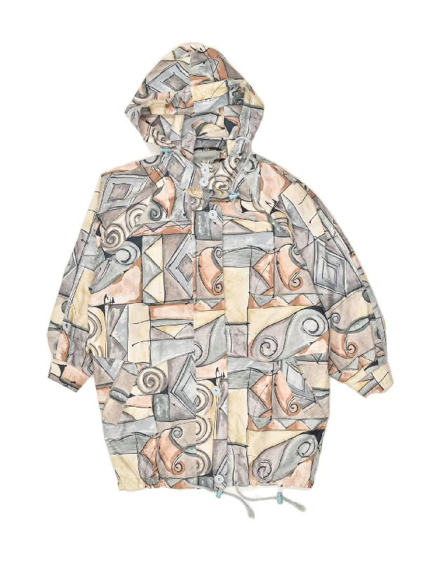 C&A Womens Abstract Pattern Hooded Windbreaker Jacket UK 16 Large Grey Notch Collar Jacket Peter Pan Collar Jacket Cowl Neck Jacket