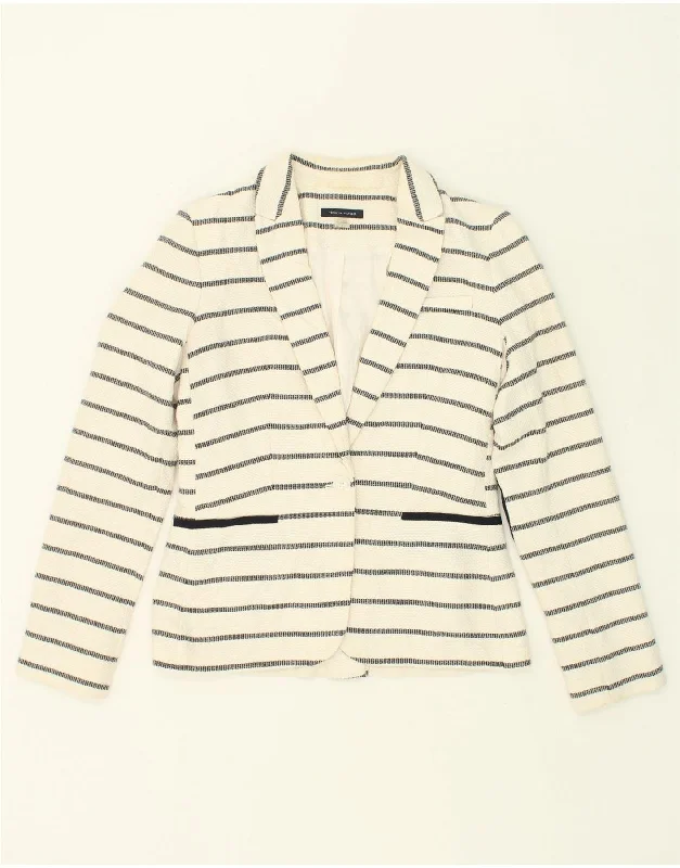 TOMMY HILFIGER Womens 1 Button Blazer Jacket US 4 Small Off White Striped Zip Front Button Front Snap Front