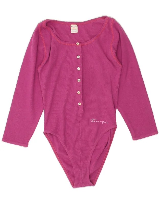 CHAMPION Womens Long Sleeve Bodysuit UK 8 Small Pink Cotton Cozy Stretch Bodysuit