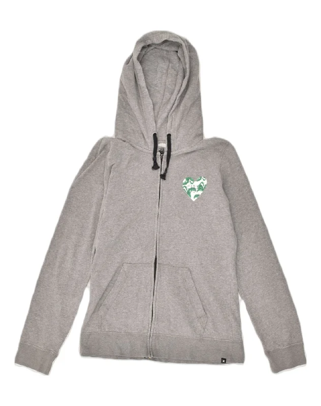 HURLEY Womens Graphic Zip Hoodie Sweater UK 10 Small Grey Cotton Open Front Closed Front Wrap Front