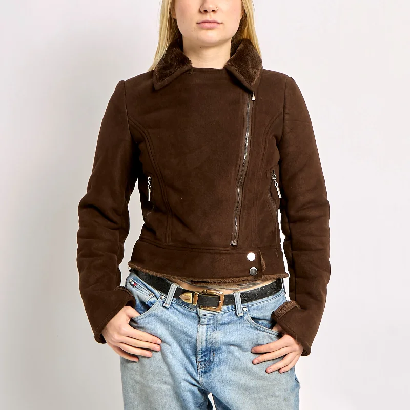 Asymmetric Zipped Sherpa Jacket With Silver Detailing - M Plaid Jacket Tartan Jacket Houndstooth Jacket